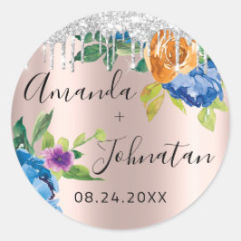 Name Save the Date Rose Silver Tropfens Navy Runder Aufkleber