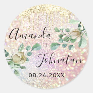 Name Save The Date Silber Tropfen Mint Glitter Ros Runder Aufkleber
