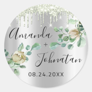Name Save The Date Silber Tropfen Mintgrün Runder Aufkleber