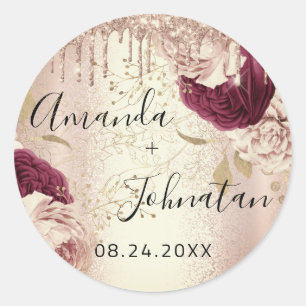 Name Save the Date Tropfen Rose Florals Burgundy Runder Aufkleber