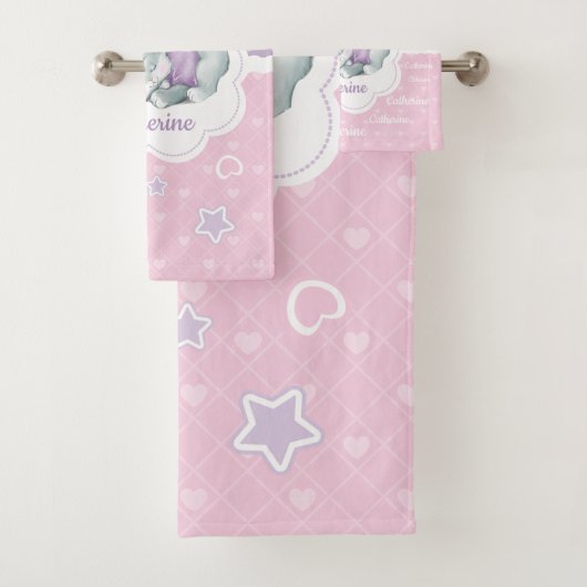 Name-Schlafenhäschen in rosa und in Lila Badhandtuch Set (Insitu)