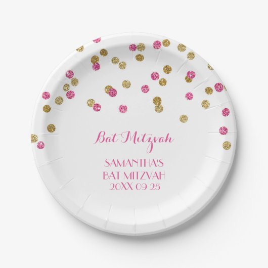 Name-Schläger Mitzvah Teller-rosa GoldConfetti Pappteller (Vorderseite)