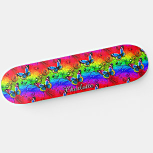 Name, Schmetterlinge auf blaugelben, roten Sonnenu Skateboard