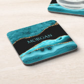Name, Schwarz, Gold und Aquamariner Agate Square Getränkeuntersetzer (Linke Seite)