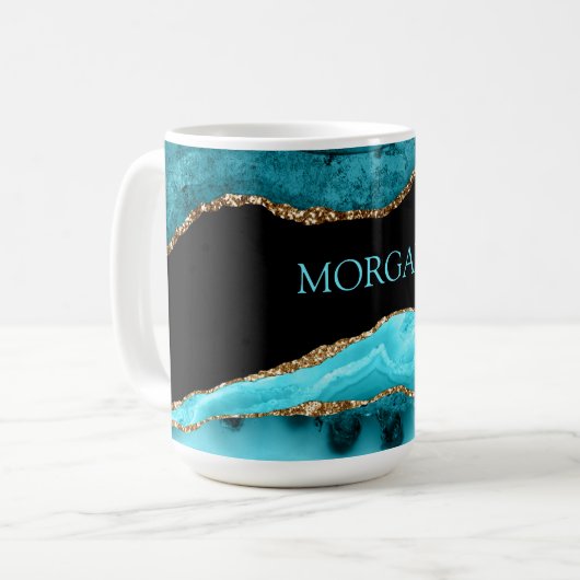 Name, Schwarz, Gold und Aquamariner Partner Kaffeetasse (Vorderseite Links)