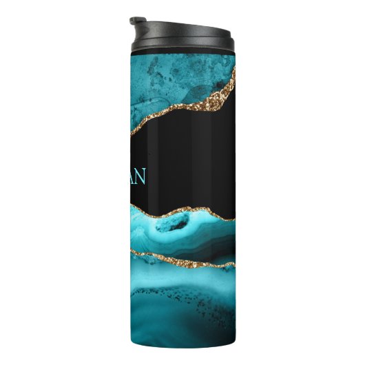 Name, Schwarz, Gold und Aquamariner Partner Thermosbecher (Nach rechts gedreht)