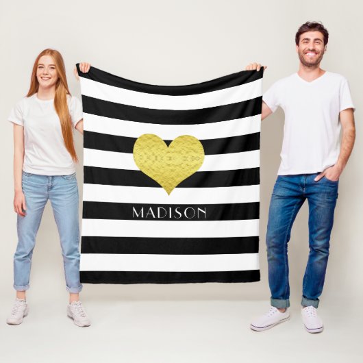 Name Schwarz-weißes Goldenes Herzmuster Print Fleecedecke (Beispiel)