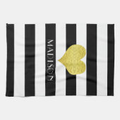 Name Schwarz-weißes Goldenes Herzmuster Print Geschirrtuch (Horizontal)