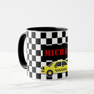 Name-schwarzes/weißes Schachbrett-Gelb-Taxi Tasse