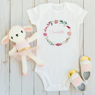 Name Script Baby Girl Watercolor Floral Pink Strampler