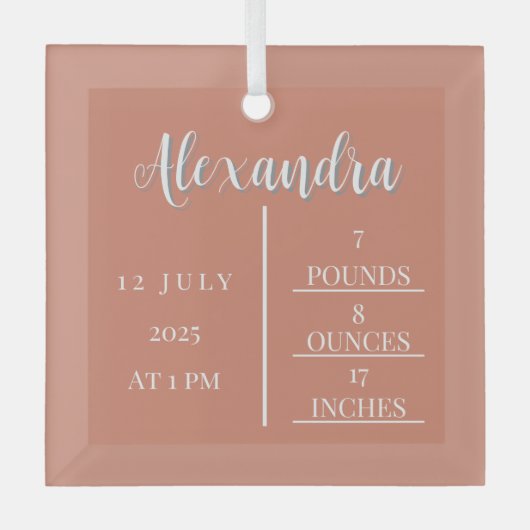 Name Script & Birth Stats Baby Keepake Ornament Aus Glas (Vorderseite)