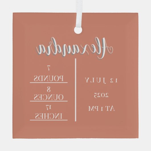 Name Script & Birth Stats Baby Keepake Ornament Aus Glas (Rückseite)