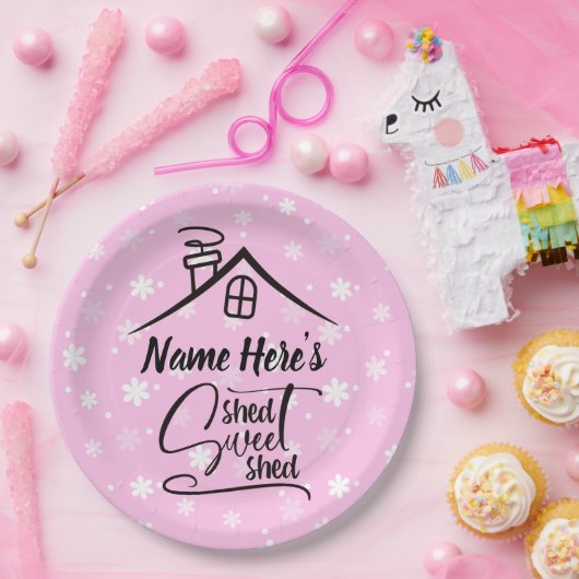 Name Shed Sweet Shed Pink White Floral hinzufügen Pappteller (Party)