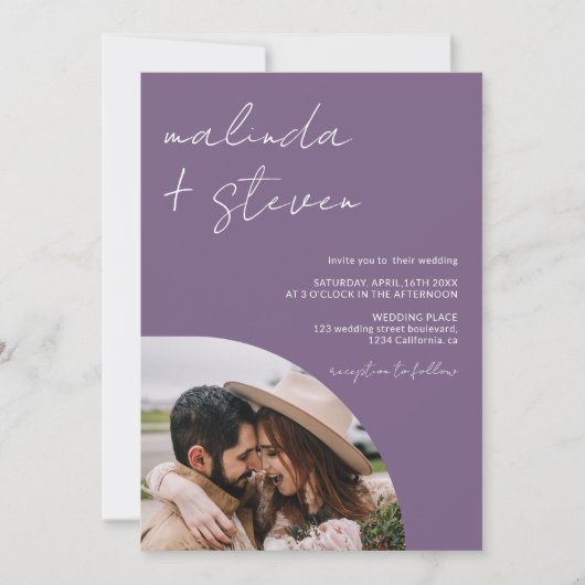 Name Skript Bogen lila 4 Foto alle in 1 Hochzeit Einladung (Vorderseite)