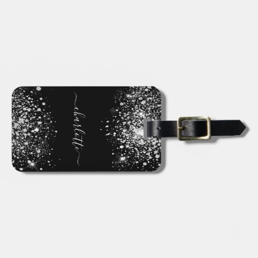 Name-Skript für Black silber Glitzer Gepäckanhänger (Vorderseite horizontal)