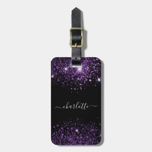 Name-Skript für den lila Glitzer Gepäckanhänger (Vorderseite vertikal)