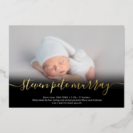 Name-Skript Gold-Foto-Geburtsankündigung Folieneinladung (Vorderseite)