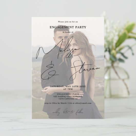 Name Skriptkalligrafie Foto mit schwarzer Verlobun Einladung (Stehend Vorderseite)