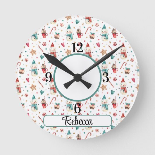 Name, Snowman Hearts Candy Pattern 8-in Acrylic Runde Wanduhr (Vorderseite)