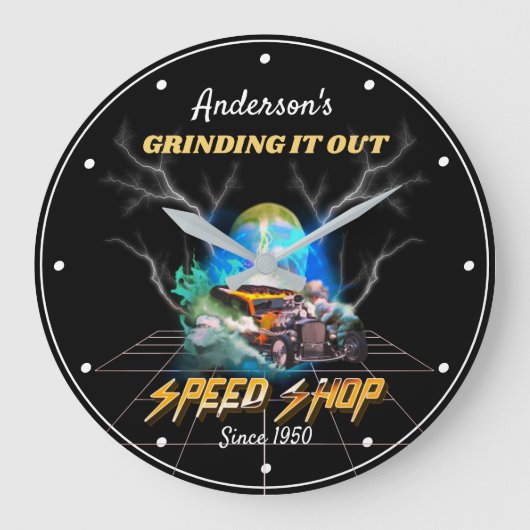 Name Speed Shop Slogan Hotrod Burnout Black Große Wanduhr (Vorderseite)