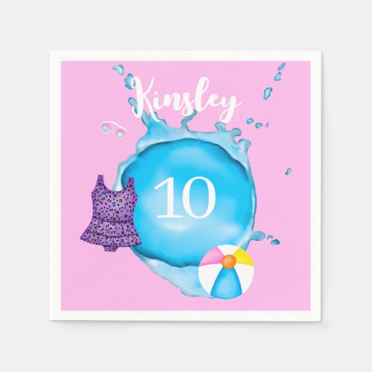 Name Splash and Age Leopad Swimsuit Paper Napkin Serviette (Vorderseite)