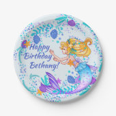 Name Text blonde Mermaid Blue Mauve Aqua Party hin Pappteller (Vorderseite)