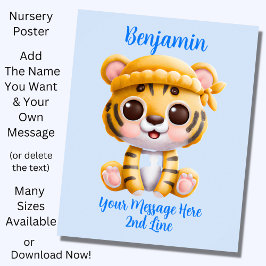 Name Text hinzufügen, Baby Tiger mit Hut auf blau Poster