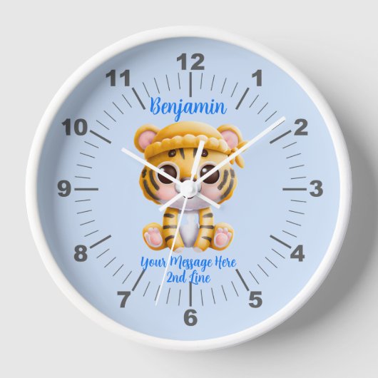 Name Text hinzufügen, Baby Tiger mit Hut auf blau Uhr (Vorderseite)