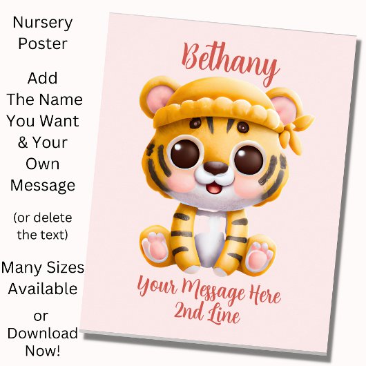 Name Text hinzufügen, Baby Tiger mit Hut auf Rosa Poster