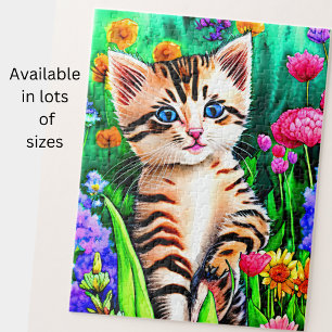 Name Text hinzufügen, Katze Kätzchen mit Blumen im Puzzle