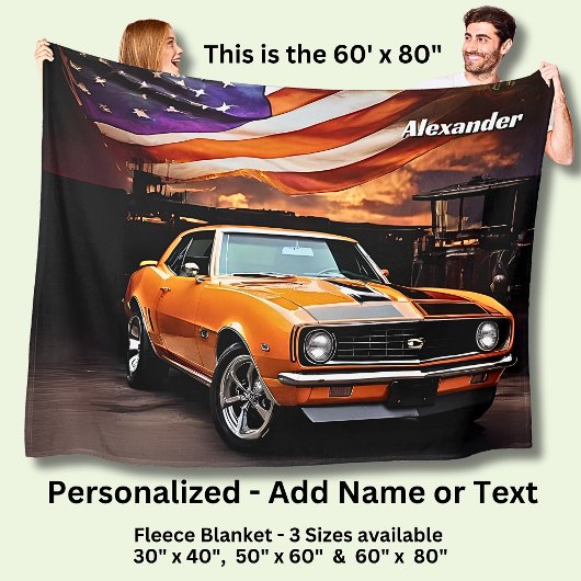 Name Text hinzufügen, Orange Muscle Car  Fleecedecke