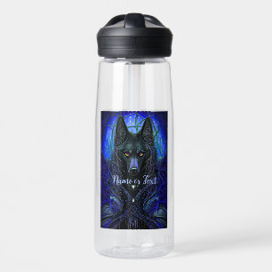 Name Text hinzufügen, Schwarzer Wolf Hund auf Blau Trinkflasche