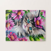 Name Text Kitten mit rosafarbenen Blume Grün links Puzzle (Horizontal)