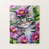 Name Text Kitten mit rosafarbenen Blume Grün links Puzzle (Vertikal)