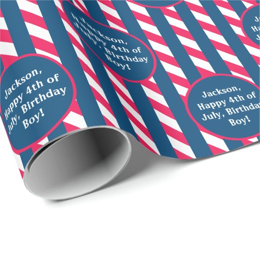 Name Text Red Blue White 4. Juli Striping Geschenkpapier (Rolleneckpunkt)