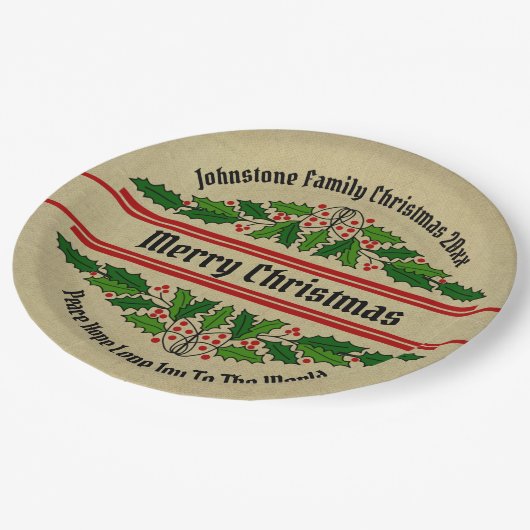 Name Text Weihnachten ändern 20xx Holly 9" Pappteller (Schrägansicht)