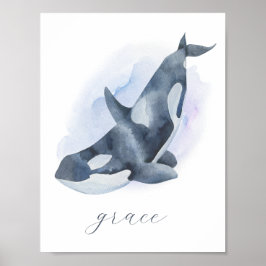 Name Text White Blue Watercolor Orca Killer Whale Poster