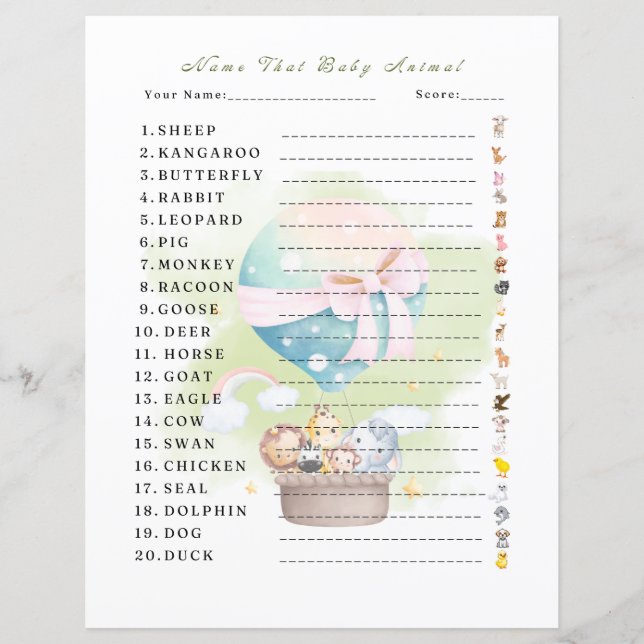 "Name that Baby Animal Game Sage Green Animal Saf (Vorderseite)