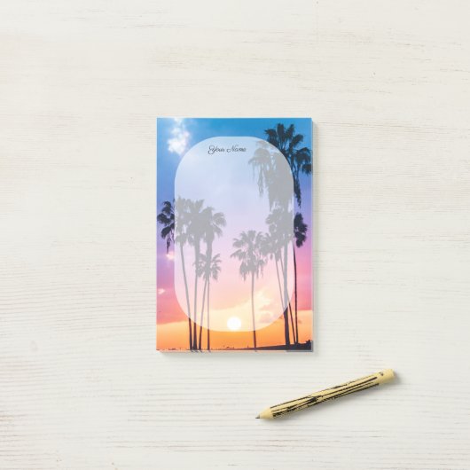 Name Tropical Vibrant Rainbow Sunset Palm Tree Post-it Klebezettel (Auf Schreibtisch)