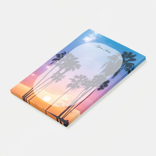 Name Tropical Vibrant Rainbow Sunset Palm Tree Post-it Klebezettel (angewinkelt)