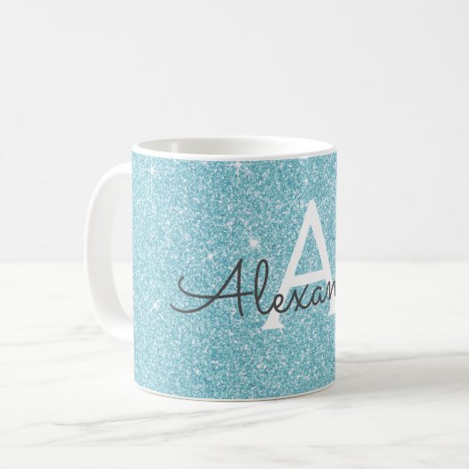 Name und Anfangsbuchstabe des blauen Sparkle-Glitz Kaffeetasse (Vorderseite Links)