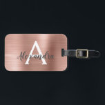 Name und Anfangsbuchstabe des Rose-Gold-Brushed-Me Gepäckanhänger<br><div class="desc">Rose Gold - Rosa gebürstetes Metallfolienmonogramm Name und erste Gepäckmarke. Diese Taschenmarke ist ideal für Zurück in die Schule,  Arbeit oder Reisen.</div>