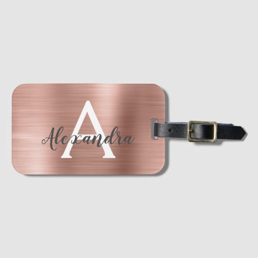 Name und Anfangsbuchstabe des Rose-Gold-Brushed-Me Gepäckanhänger (Vorderseite (Horizontal))