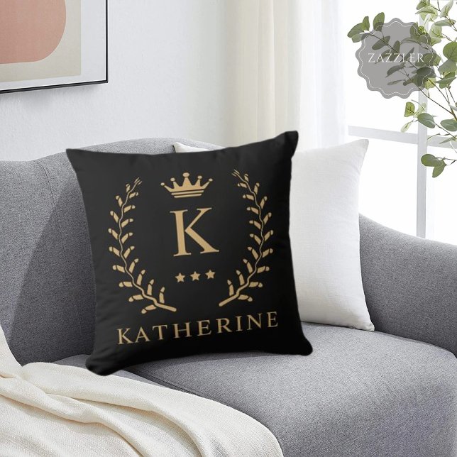 Name und Anfangssilbe Schwarz-weiß Kissen (Customize Name & Initial Black White Gold Monogram Throw Pillow)