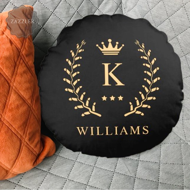 Name und Anfangssilbe Schwarz-weiß Rundes Kissen (Customize Name & Initial Black White Gold Monogram Round Pillow)