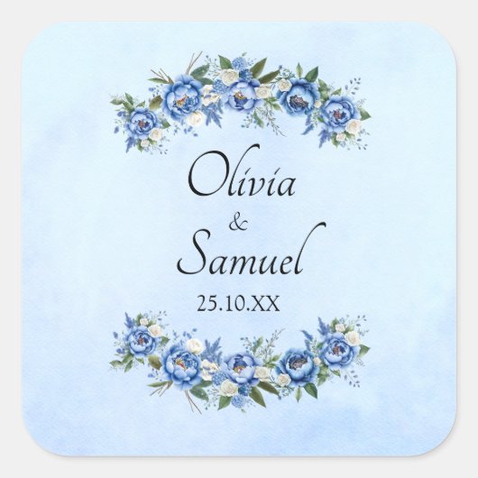 Name und Datum Blauer Pony Quadratischer Aufkleber (Vorderseite)