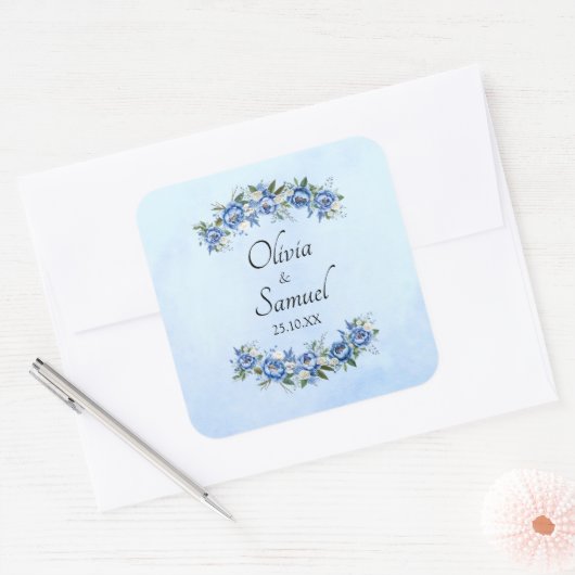 Name und Datum Blauer Pony Quadratischer Aufkleber (Umschlag)