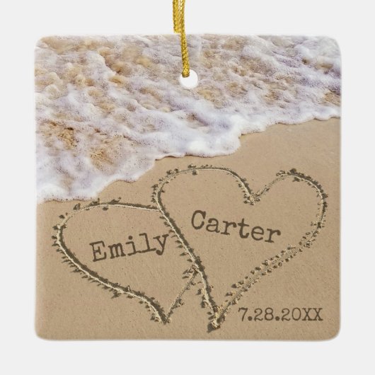 Name und Datum der Hochzeit am Strand Keramikornament (Vorderseite)