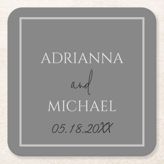 Name und Datum des Dualgrauen Ehepaares Weiß Rechteckiger Pappuntersetzer (Vorderseite)