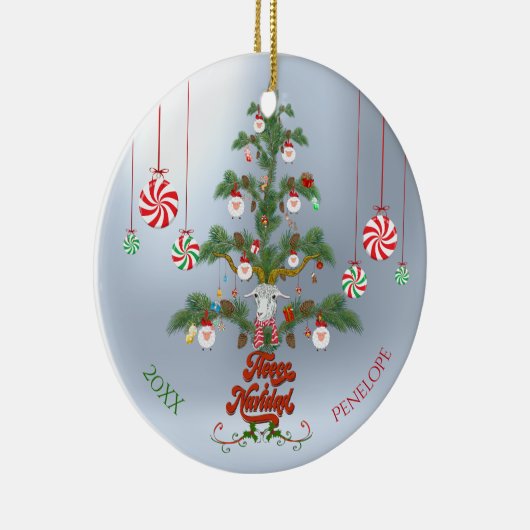 Name und Datum Fleece Navidad Sheep Weihnachten T Keramik Ornament (Rechts)